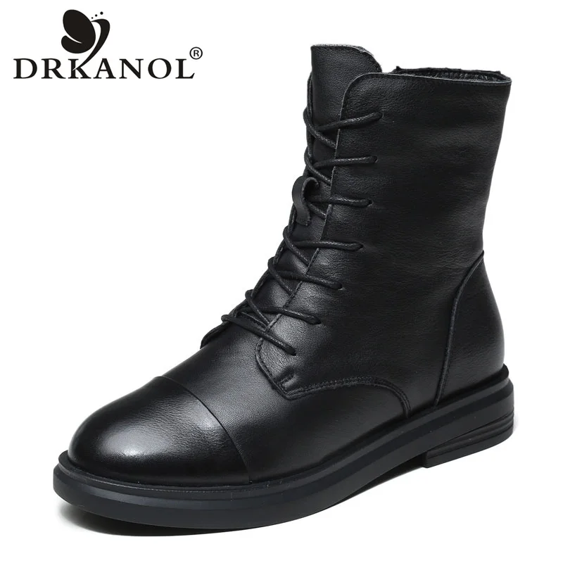 DRKANOL estilo británico Otoño Invierno Botas de Mujer 100% cuero genuino tacón plano Fondo suave cálido Botas a media pantorrilla Mujer Botas Mujer