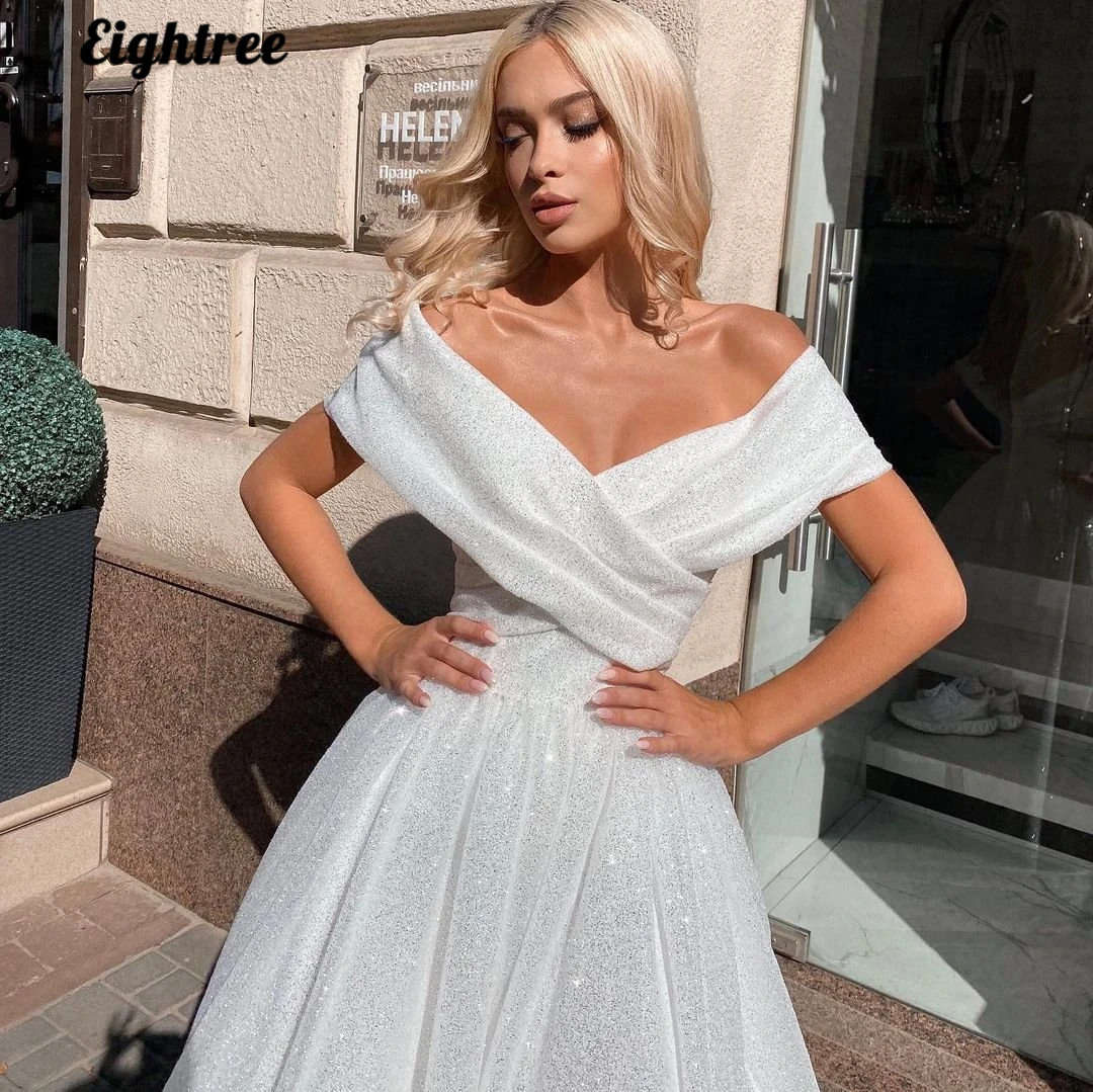 Eightree White Wedding Dresses 2022 Glitter Off The Shoulder Bridal Dress Sexy Tea Length Floor Length Wedding Gowns Plus Size