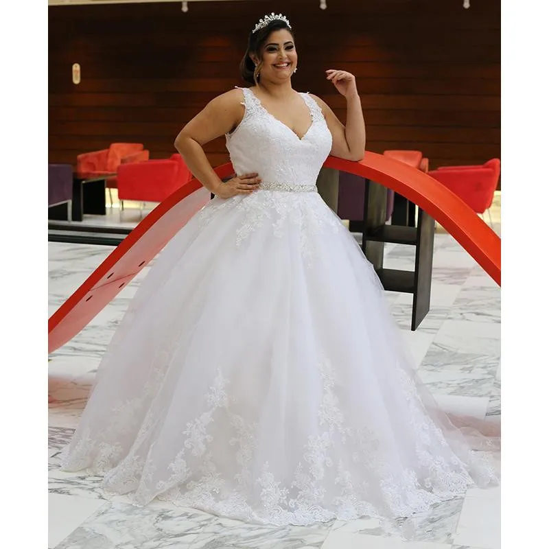 Vestido de novia de talla grande, novedad de 2019, sin mangas, cuello en V, hasta el suelo, con cuentas, fajas, vestidos de novia