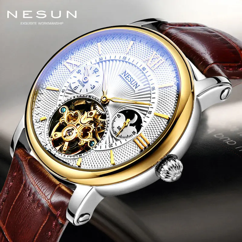 Imagem -06 - Suíça Nesun Esqueleto Tourbillon Topo Marca de Luxo Automático Relógios Mecânicos Masculinos à Prova Impermeável Água Fase da Lua N90913