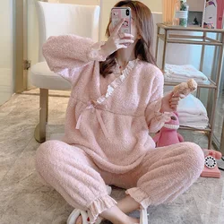 Winter Women Pajamas Set Thick Flannel Feeding Pregnancy Sleepwear Maternity Clothing Suit Homewear Warm Breastfeeding Pajamas