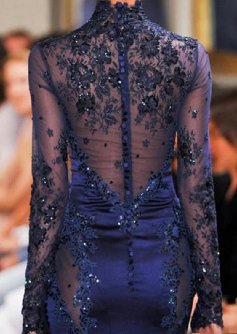 2023 Zuhair Murad High Neck Lace Formal Evening Dress Long Sleeve See-through Beads Appliques Prom Celebrity Gowns Navy Blue