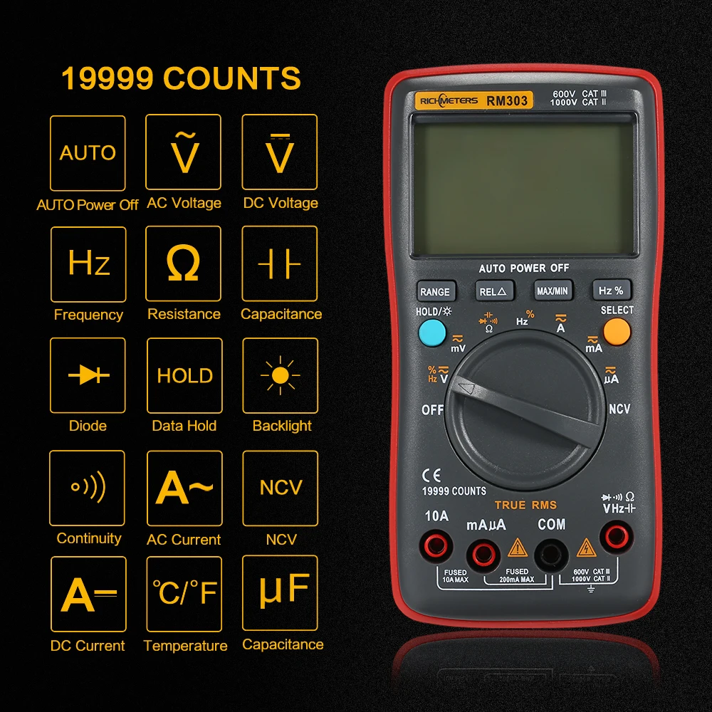 RM303 Digital Multimeter Tester True-RMS 19999 Counts NCV Frequency Auto Power off AC DC Voltage Ammeter Current Ohm