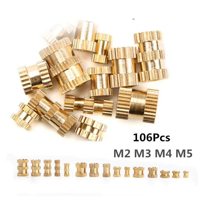 

106Pcs M2 M3 M4 M5 Female Thread Knurled Brass Threaded Insert Embedment Nut for 3D Printing Threaded Heat Set Inserts