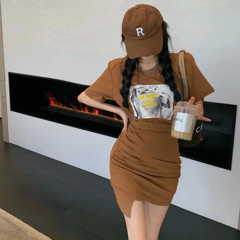 Loose T Shirt Dress Sets 2 Piece Set For Women Skirt And Top Summer 2021 Printing Short Sets Pleat Skirts Korean Two Piece Set