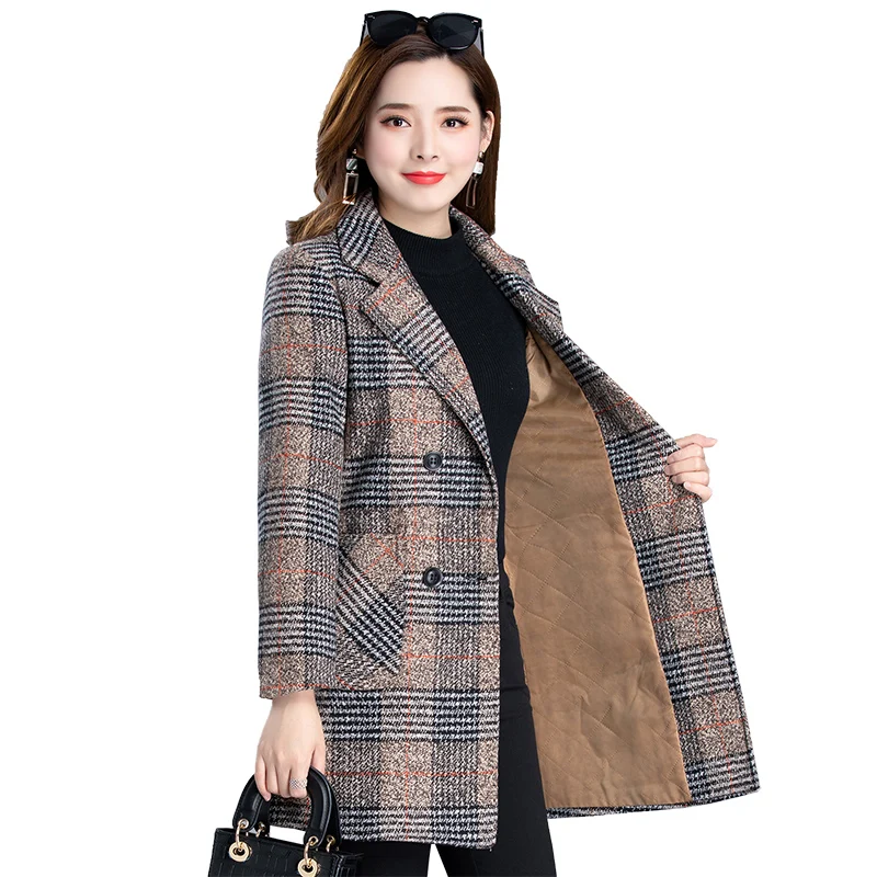 

size 4XL coat women autumn winter woolen coats spring fashion slim plaid Cardigan coats ladies medium long thick overcoat women