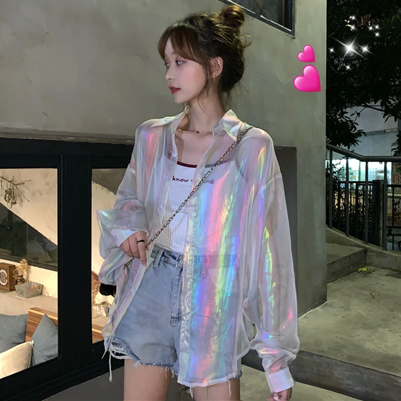 Rainbow See Through Sunscreen Sunproof Shirt Cute Lolita Sweetie Laser Hologram Chic Blouse