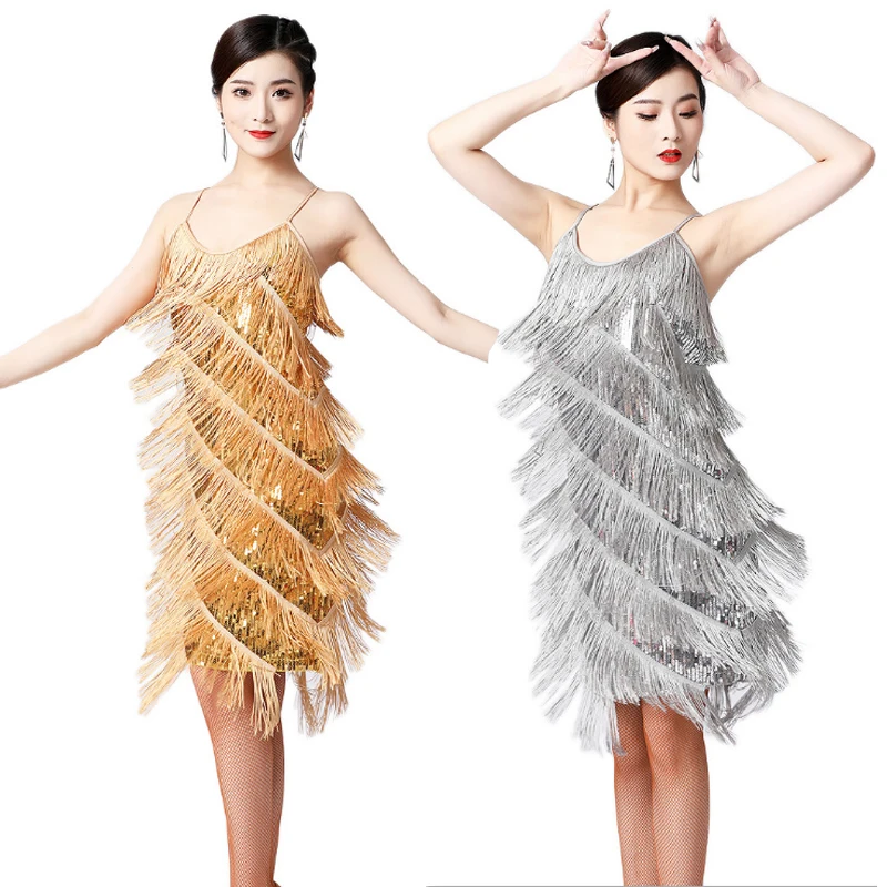 

New Women Latin Dress Professional Party Ballroom Latin Tango Jazz Modern Rumba Samba Salsa Dance Dress Fringe Skirt 8Colors