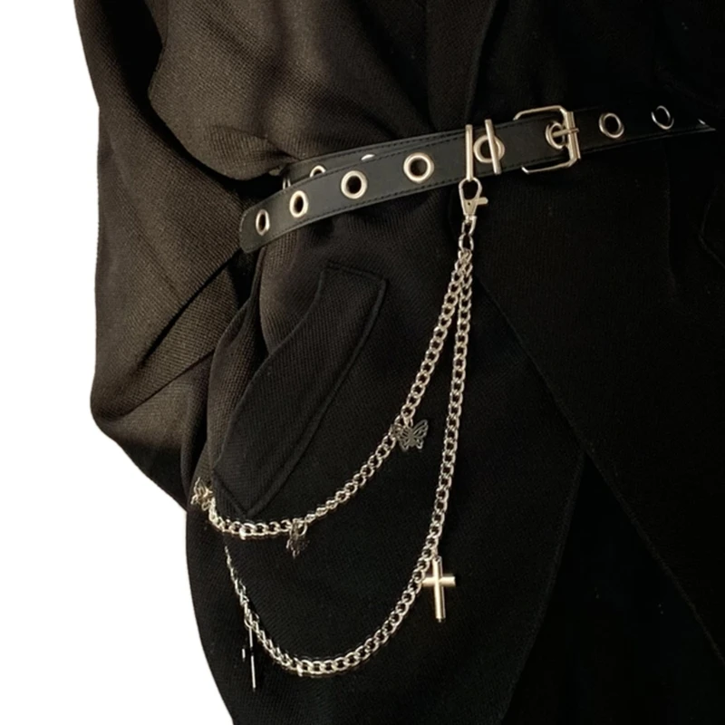 Gothic Punk Women Pants Jeans Waist Chain with Metal Cross Butterfly Pendant Harajuku Hip Hop Trousers Belt Jewelry F3MD