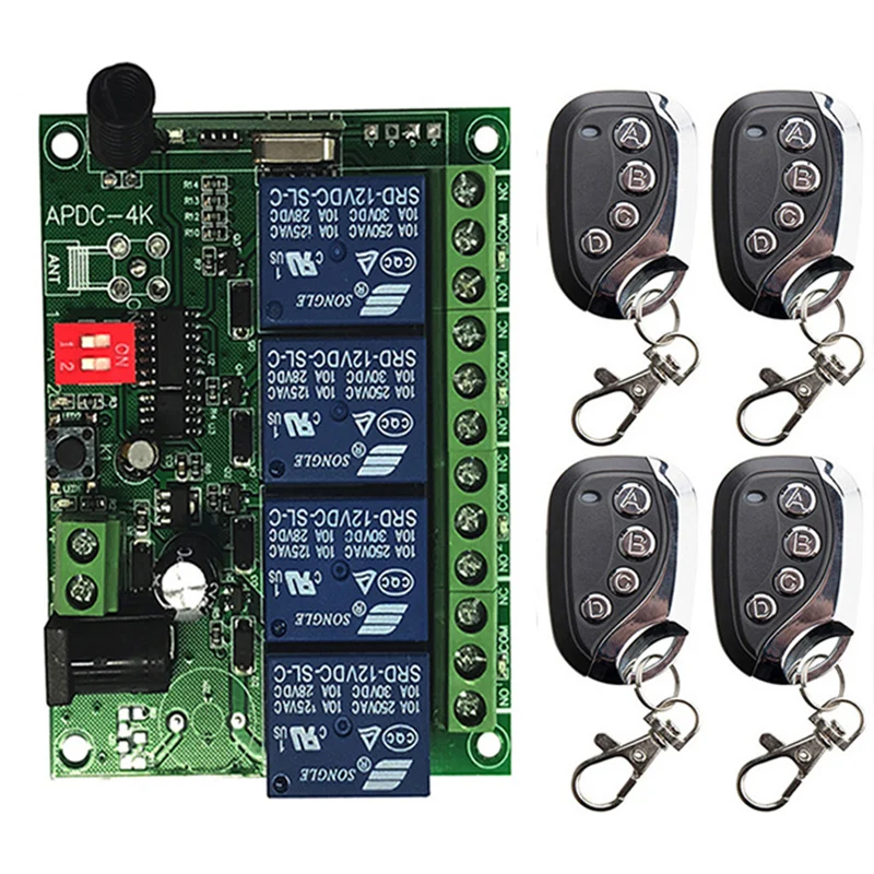 

433MHz Universal Wireless Remote Control DC 12V 24V 4CH Relay Receiver Module RF Switch 4 Button Remote Control Gate Garage