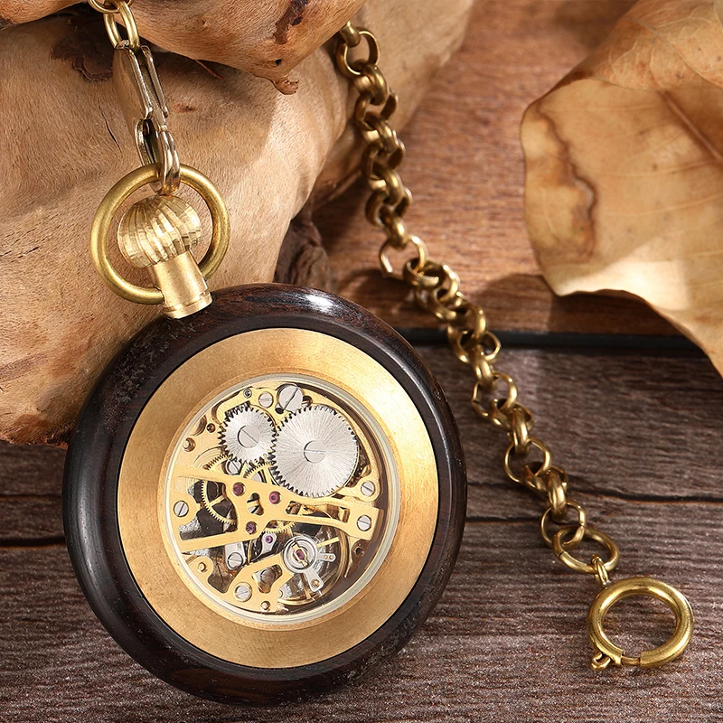 Wooden Mechanical Pocket Watch for Men Roman Numerals Black Sandalwood Wood Case Gold Back Engraved Fob Chain Clock Dropshipping