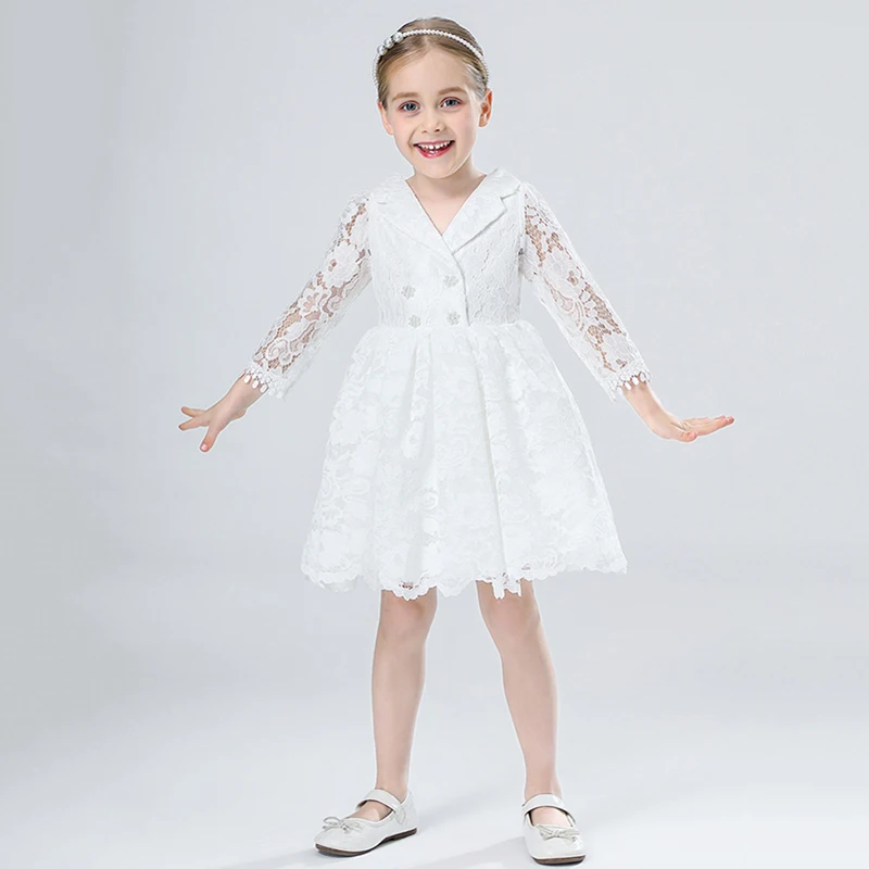 Kids Long Sleeve Lace Dress for Girls Summer Children Elegant Ball Gowns Infant Christening  Baptism Dresses Red pink white