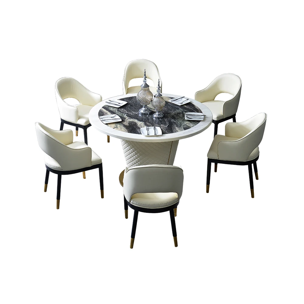 marble stainless steel round dining table set comedor sillas de comedor стол обеденный mesa comedor muebles + 6 leather chairs