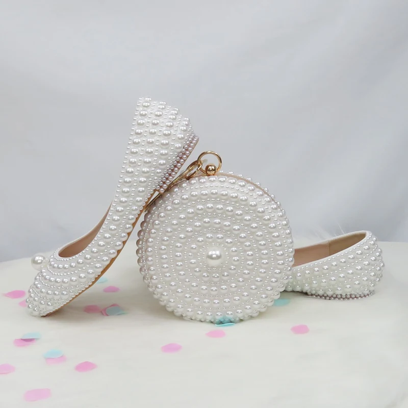 BaoYaFang New Arrive White Pearl Wedding Flat Shoes With Matching Bag Bride Pointed Toe Party Dress Shoes Woman Big Size Flat