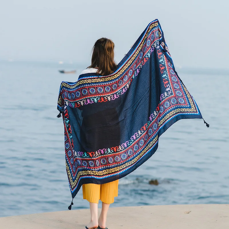 Women Elegant Ethnic Style Cotton Linen Sunshade Scarf Shawls Female Seaside Travel Photo Shawl Dual-use 100x180CM Wraps Capes