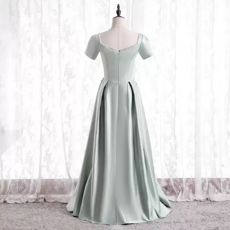 New Pearls O-Neck Evening Dress Elegant Short Sleeves Ruched Floor-Length Zipper Back A-Line Simple Party Formal Gown Woman B660