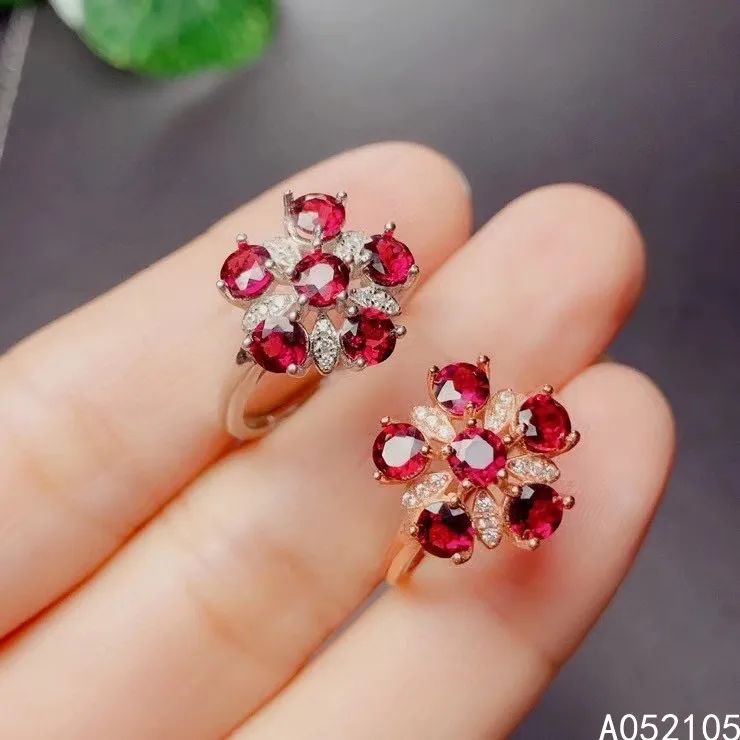 

KJJEAXCMY fine jewelry 925 sterling silver inlaid Natural pyrope garnet women vintage elegant flower adjustable gem ring support