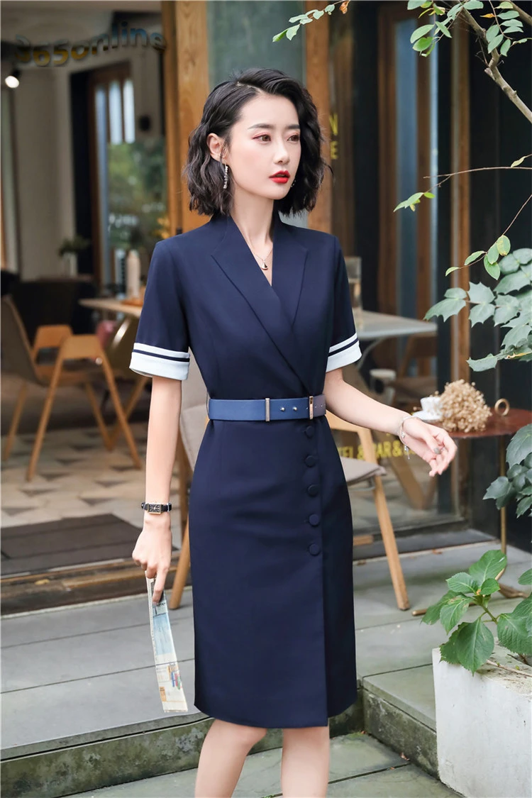 Fashion Elegant Blue Summer Short Sleeve Dresses for Women Office Work Wear Slim Hips Dress Beauty Salon Clothes with Belt