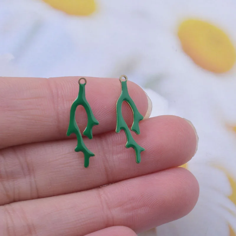 30pcs 22*8mm  Copper Both Sided Enamel Coral Charms Branch Pendant DIY Jewelry Earring Making