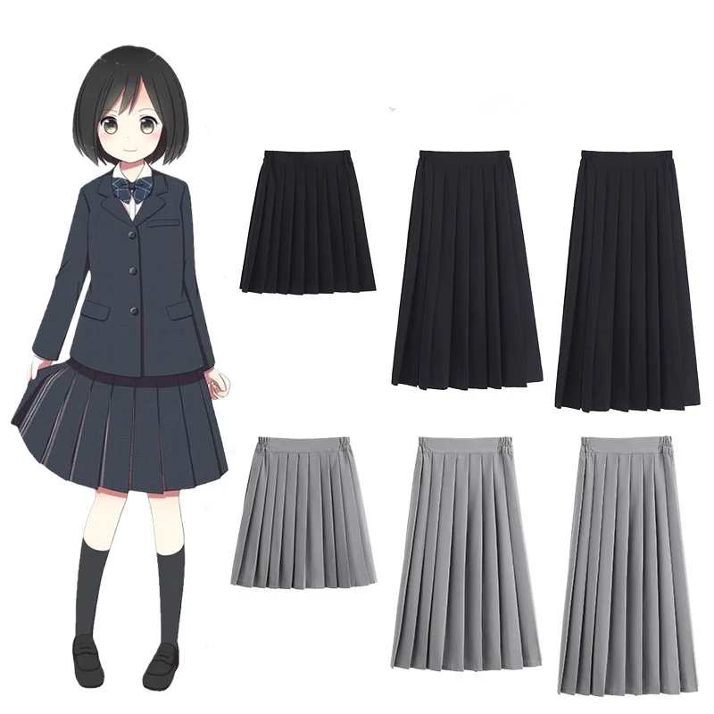 Elastic Waist Japanese Student Girls School Uniform Solid Color JK Suit Pleated Skirt Short/Middle/Long High School Dress