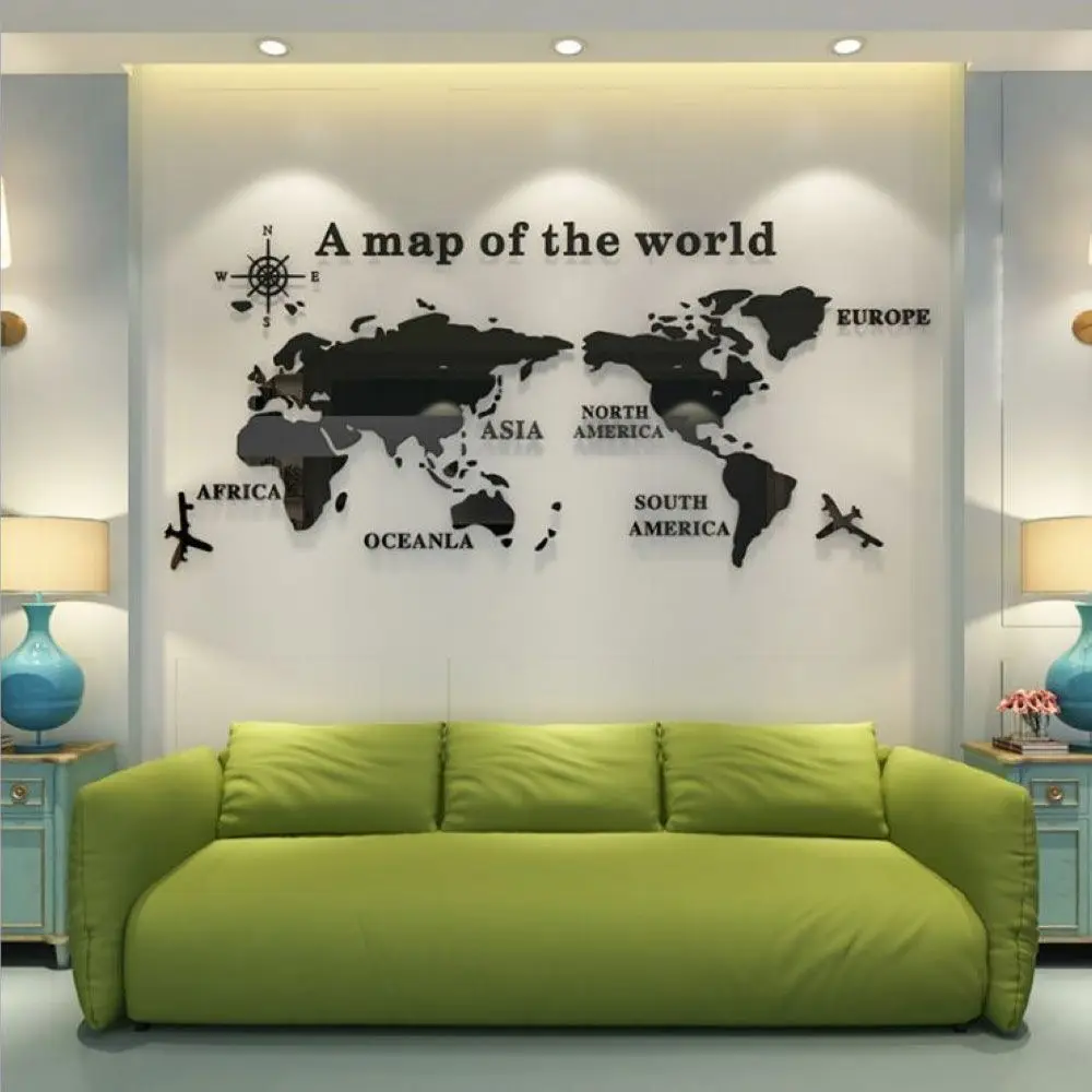 Acrylic Crystal World Map Wall Sticker Modern DIY 3D Decor Wall Poster for Sofa or TV Backdrop of Living Room, Bedroom or Office