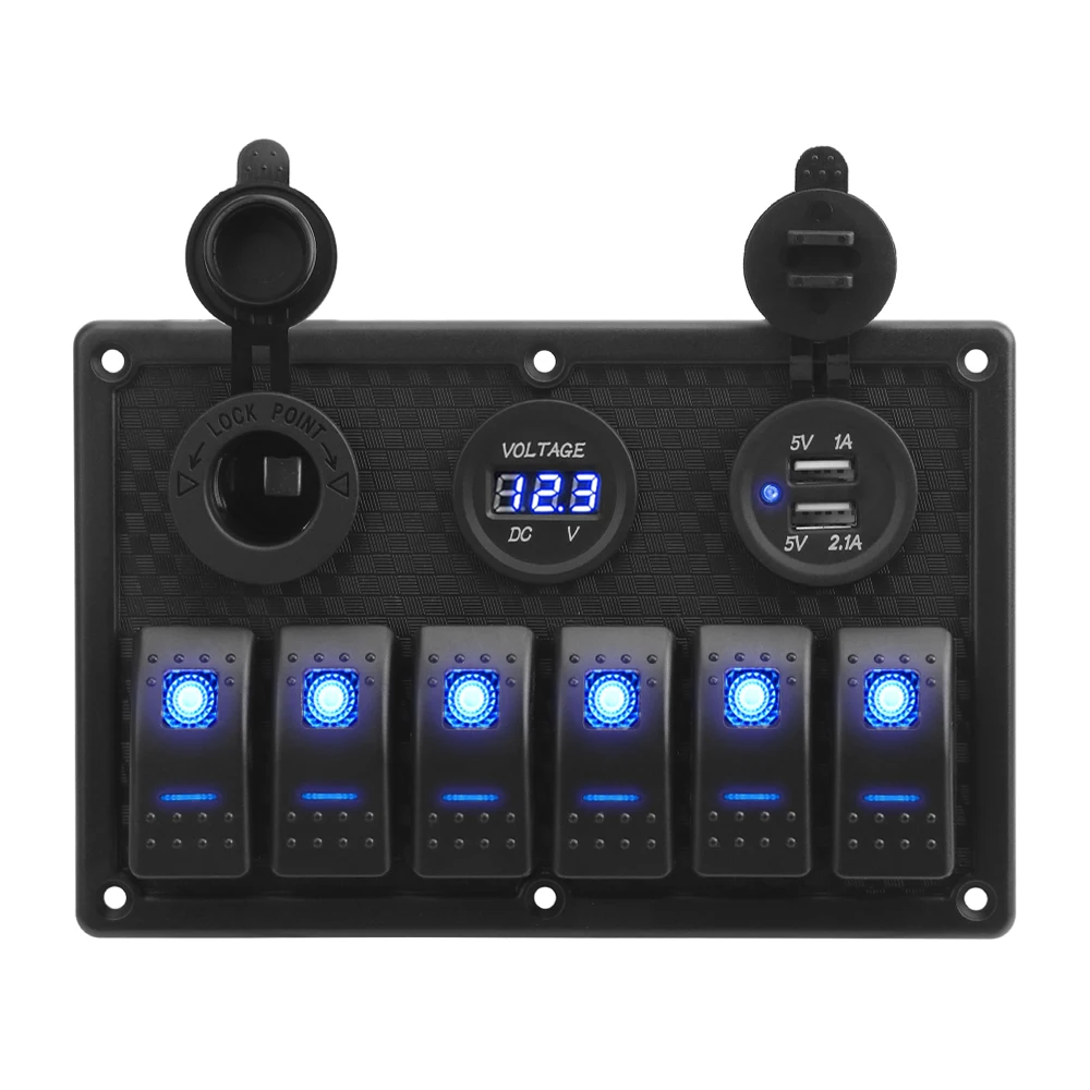 For Marine Boat Car Rv Vehicles Truck Yacht 6 Gang Rocker Switch Panel Digital Voltage Display 4.2A Dual USB Slot Socket