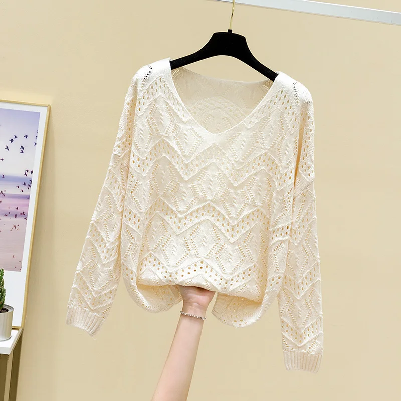 Hollow-out sweater female han edition loose render blouse long-sleeved v-neck sweater thin new spring  fashion