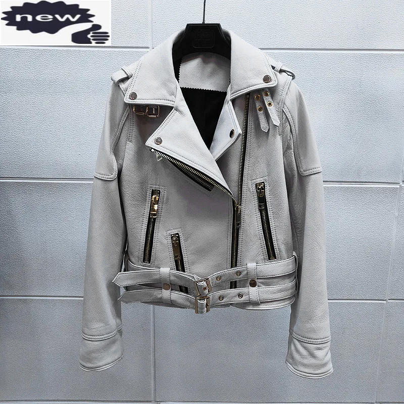 Spring White Luxury Sheepskin Real Leather Jacket Women Slim Fit Jaqueta De Couro Buckle Motor Biker Lady Windbreaker Coat