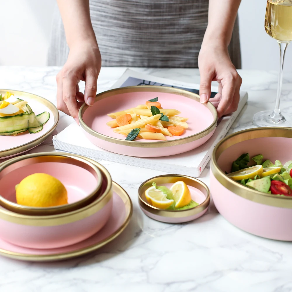 LingAo-Electroplated Ceramic Bowl, Pink Tableware Plate, Ramen Bowl