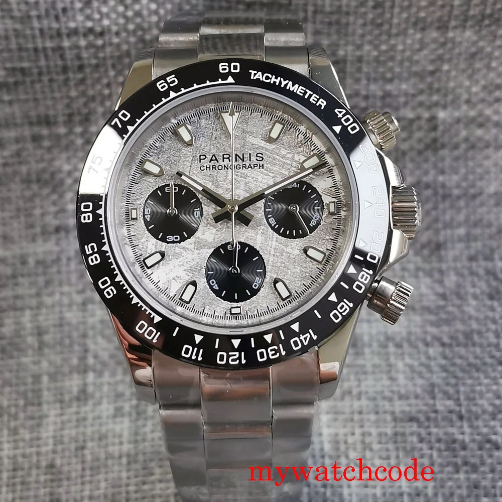 New Arrival PARNIS 39mm Full Chronograph Quartz Mens Watch Sapphire Glass 24Hour Surface Pattern Dial Steel Bracelet