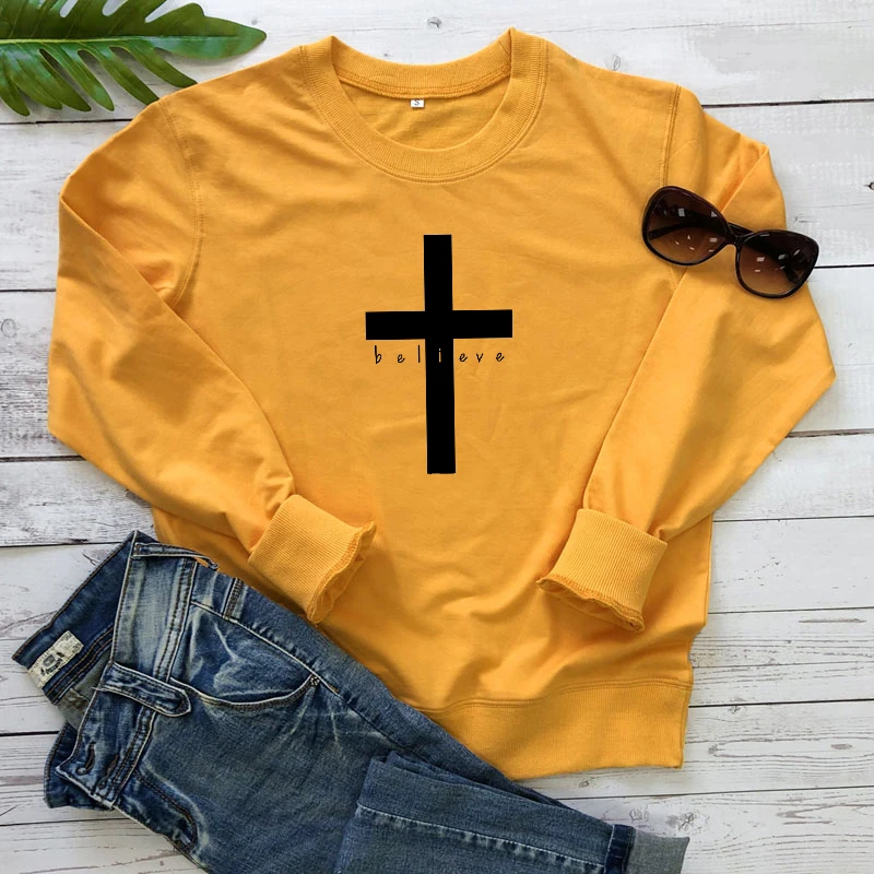 

Believe Cross 100% Cotton Sweatshirt Casual Women Christian Religion Pullovers Scripture Graphic Jesus Faith Bible Sweatshirts