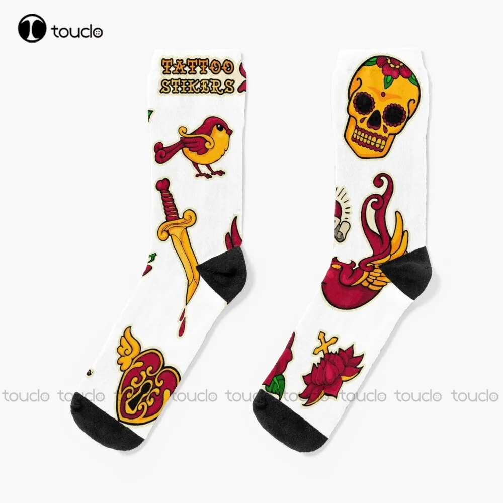 Old School Tattoo Stikers Set In Red And Yellow Socks White Soccer Socks Christmas Gift Unisex Adult Teen Youth Socks Custom