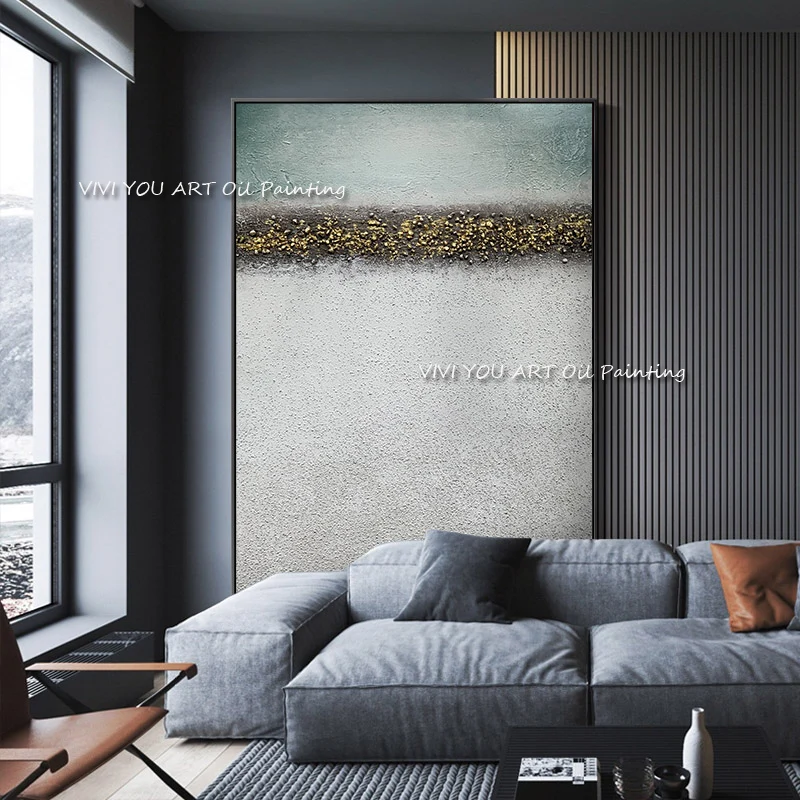 Textured Hand-Painted Abstract Canvas Oil Art, Sage Gold Impasto Art, Wabi Sabi Neutral Vertical Home Wall Decoration