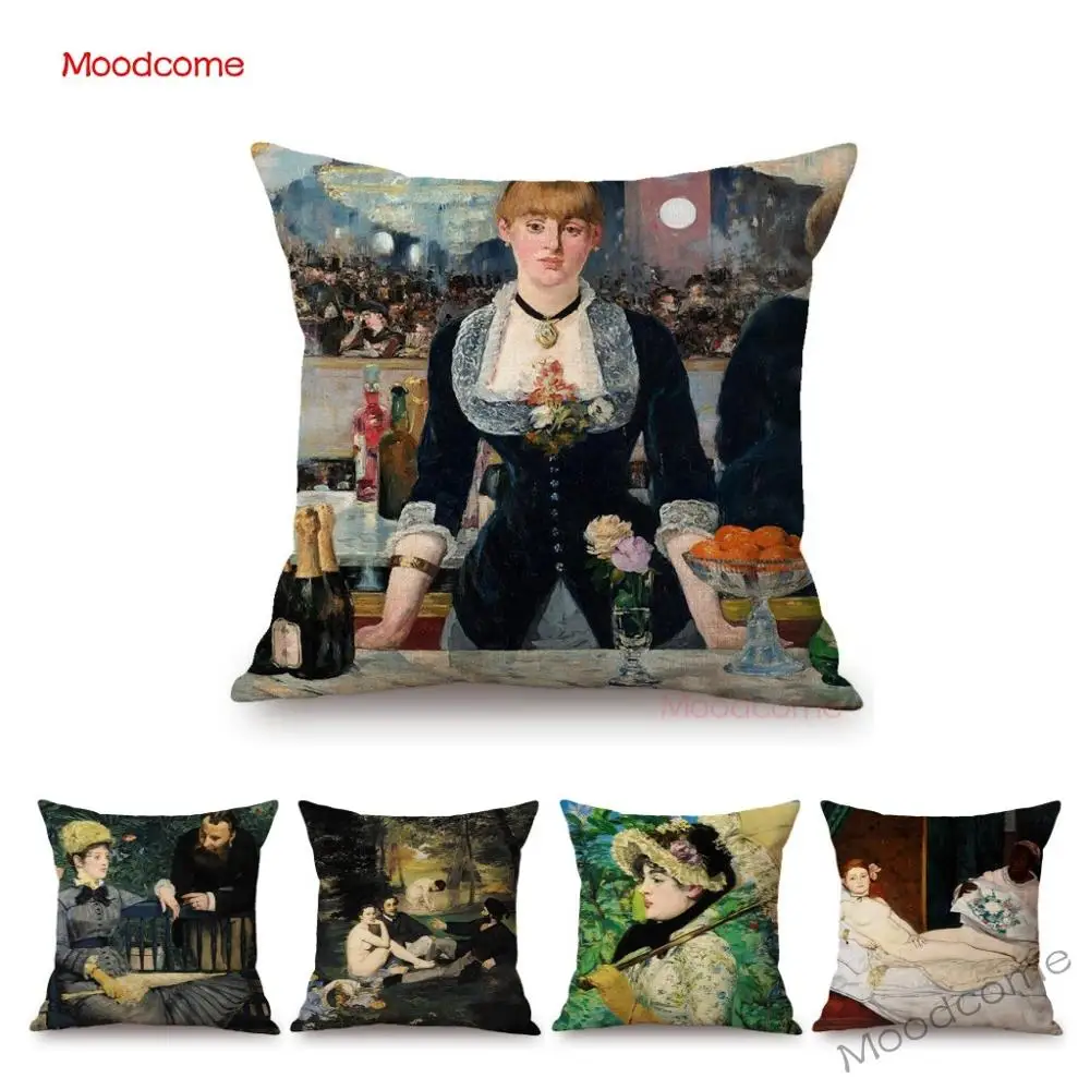 Edouard Manet World Famous Oil Painting Olympia Young Girls The Lunch Impressionism Sofa Pillow Case Gallery Art Cushion Cover