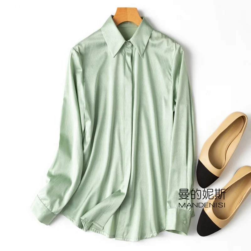 Women Silk Shirt 92% Mulberry Silk 8% Spandex 16 momme Jacquard Silk Buttons down Long Sleeve Top Blouse office work MM166