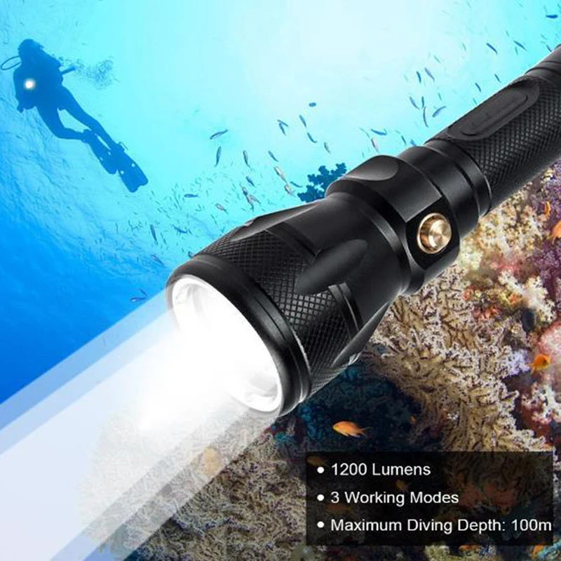 D2 LED lámpara de buceo subacuática linterna de buceo IPX8 antorcha equipo de buceo 100m impermeable 18650 traje de luz linterna de natación