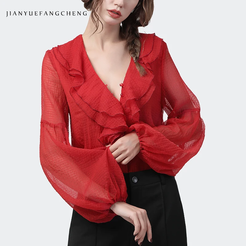 Women\' Long Lantern Sleeve Red Chiffon Blouse Ruffle Tops Loose Plus Size 2022 Spring Summer New Sexy V-Neck Fashion Blouses