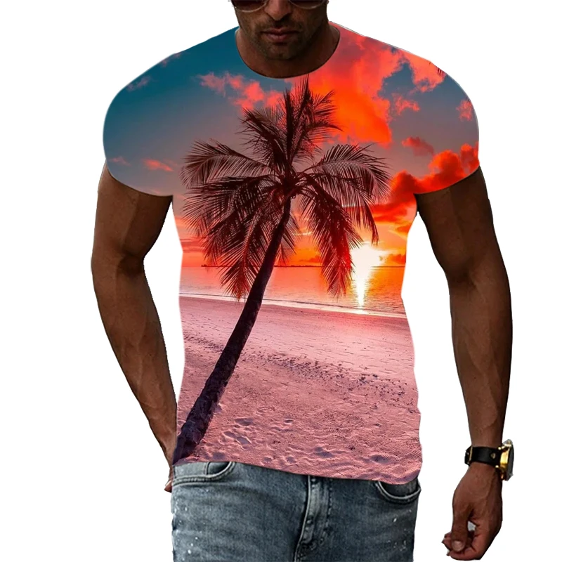 Summer Natural Scenery Print Men\'s t-shirts Fashion Landscape graphic t shirts Beach Sea View Pattern short sleeve t-shirts Top