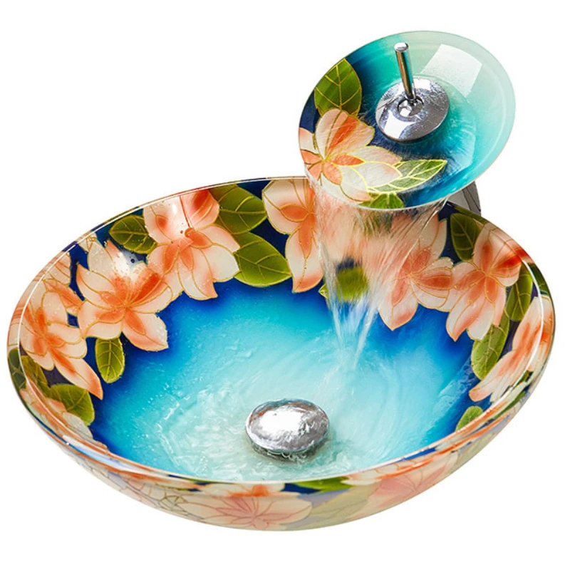 Sanitary ware new Chinese style art glass wash basin tempered glass balcony hand-painted color wash basin basin wash