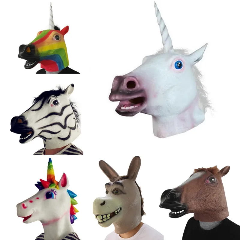 Party Masks Latex Donkey Zebra Horse Rainbow Unicorn Animal Head Mask Creepy Halloween Costume cosplay Theater Prop Novelty