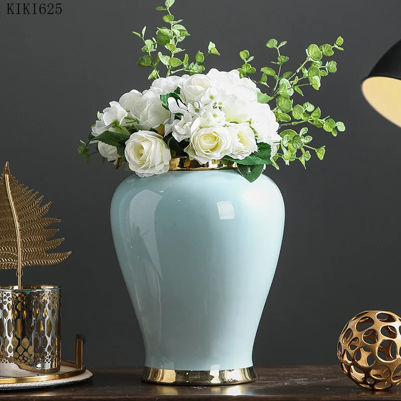 

European Light Blue Ceramic Storage Jar with Lid Gilded Flower Vase Flower Arrangement Large Sealed Storage Jar Home Decoration