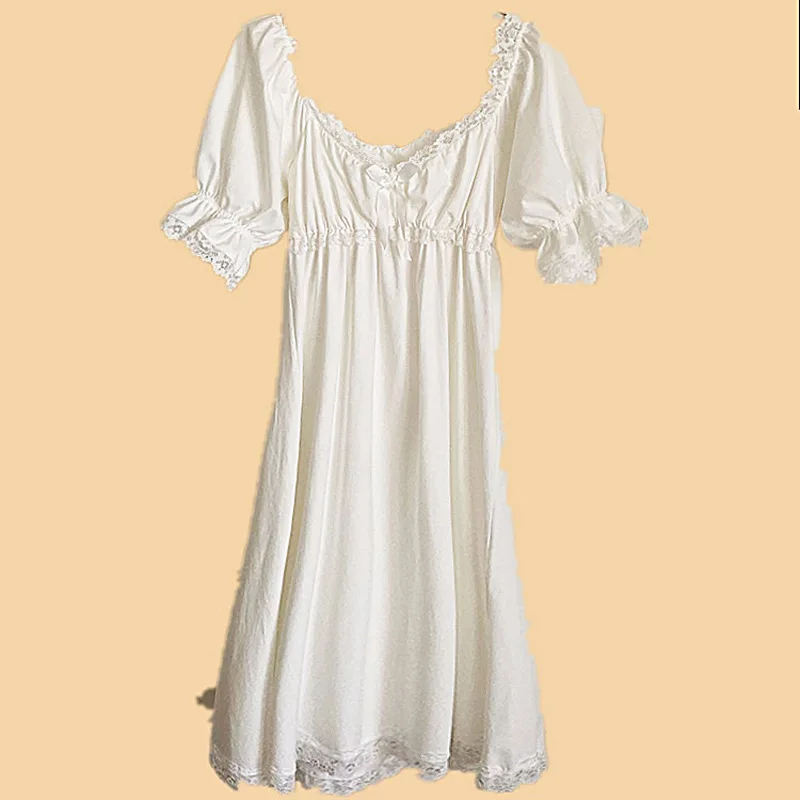 Victorian Night Dress Women Summer White Cotton Vintage Nightgowns Romantic Sleepwear Lace Long Peignoir Breast Pads Night Wear