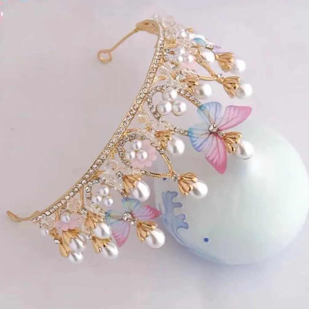 Romantic Butterfly Shape Princess Crown for Girls Handmade Rhinestone Tiara Pearl Headband For Birthday Wedding Model Catwalk