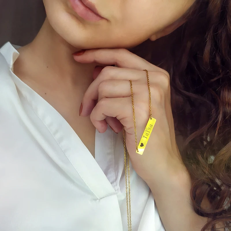 رمز النقش شخصية مربع بار مخصص اسم قلادة الفولاذ المقاوم للصدأ قلادة قلادة الذهب 3 ألوان النساء/الرجال هدية مخصصة