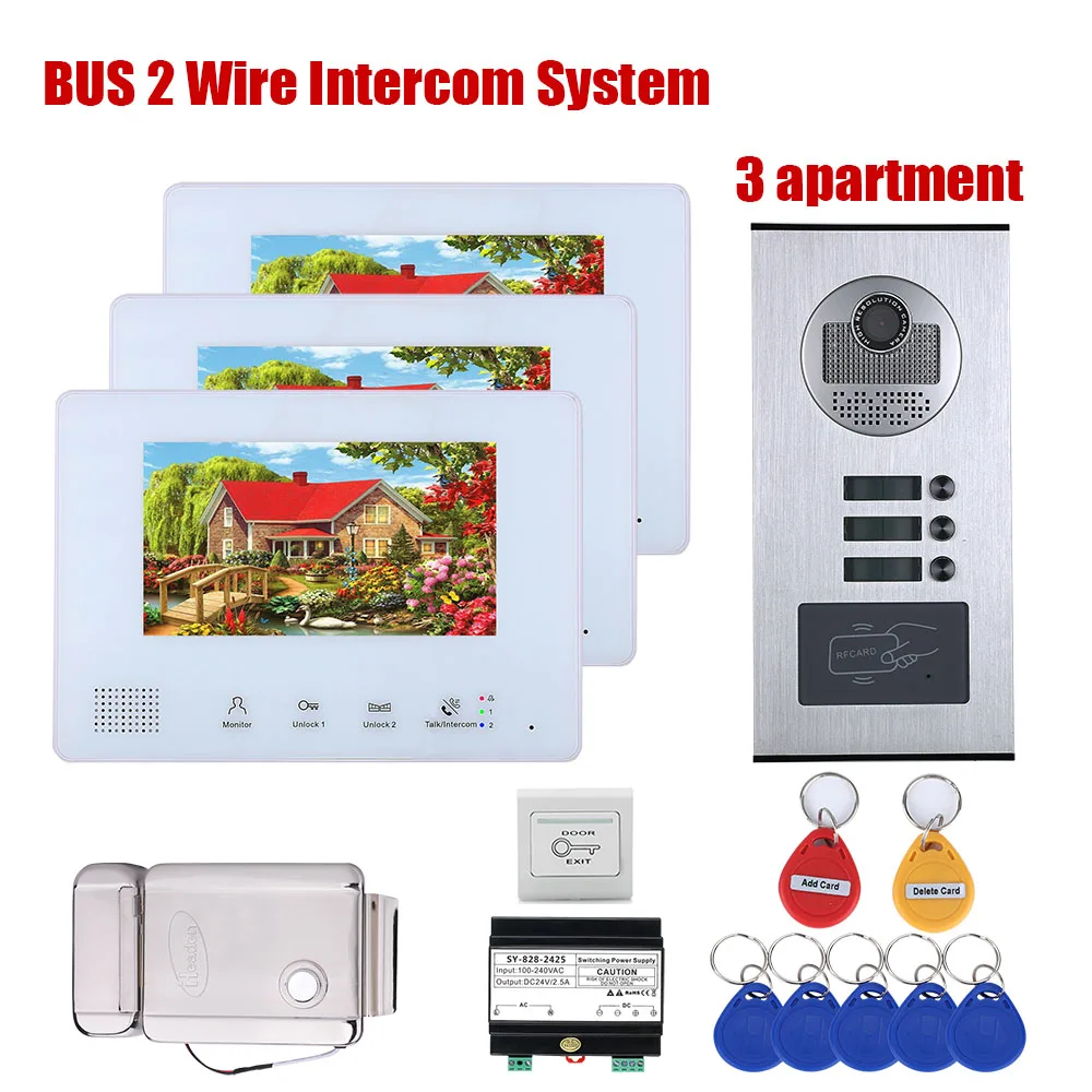 2/3/4/5/6 Units Apartment  BUS 2 Wire Video Door Phone Intercom systems 7 Inch Kit for Electronic Door Lock home  Night Vision