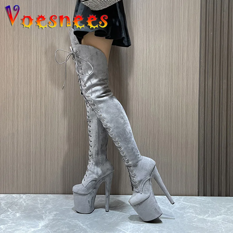 European American Style Fashion Flock High Heel Lace Up Long Tube Over-the-Knee Boots 20CM Ultra-high Platform Pole Dance Shoes