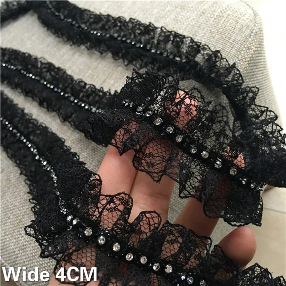 4CM Wide White Black Pleated Mesh Glitter Rhinestone Lace Collar Ribbon Beaded Fringe Trim Wedding Dress Applique Sewing Supply