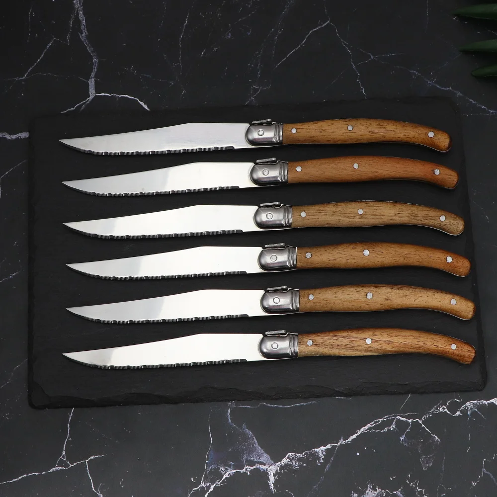 Jaswehome 6-Piece Serrated Steak Knives Set Dinner Knife Cutlery Solid Wood Handle Full Tang Steel Laguiole Table Knife Sharp