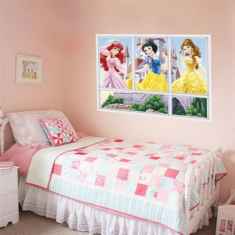 Ariel Belle Snow White Princess 3d Window Wall Stickers For Home Decoration Diy Kids Room Mural Art Girl's Decals Anime Posters