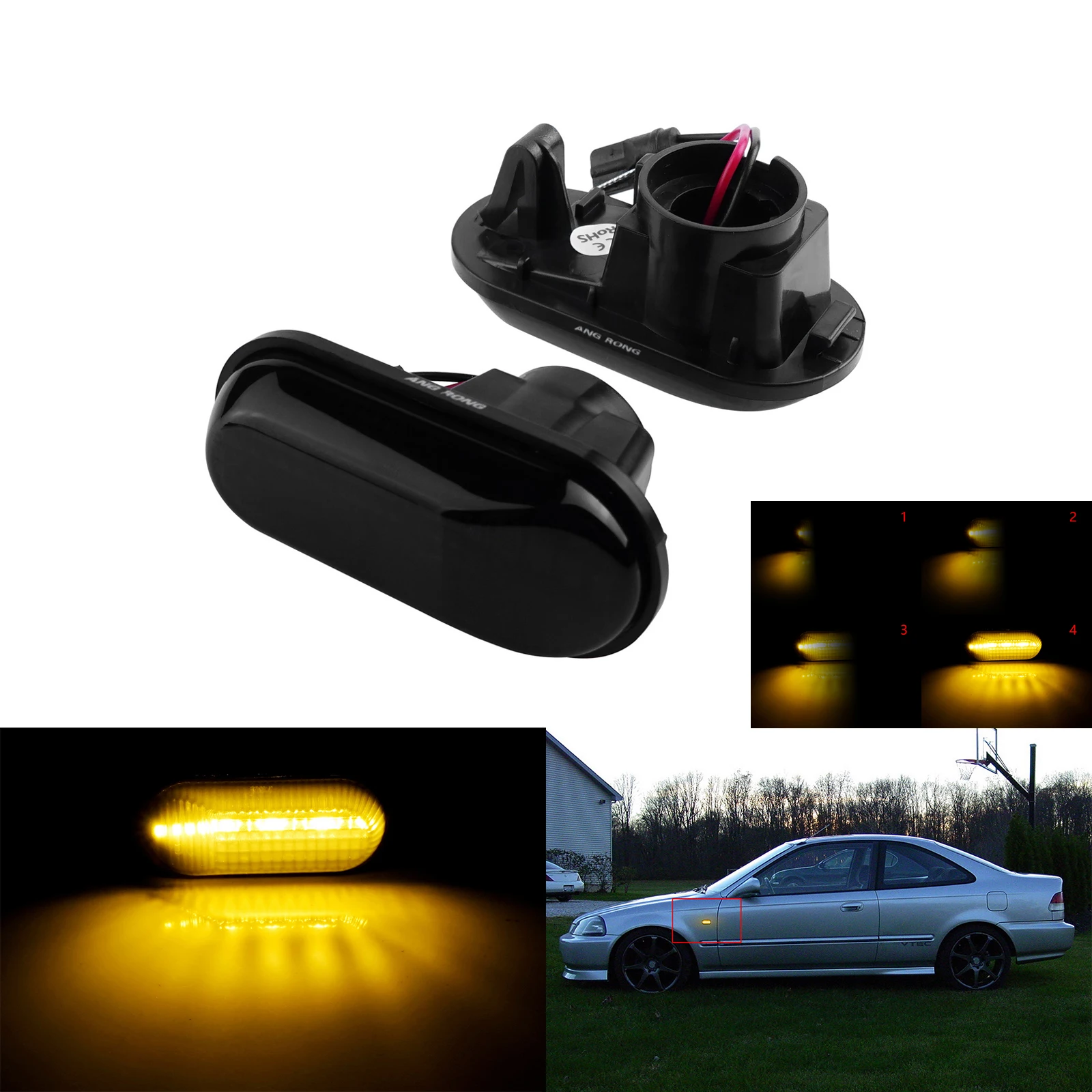 ANGRONG 2X Amber Dynamic LED Side Marker Turn Indicator Lights Black Lens For Honda Prelude Civic CRX S2000